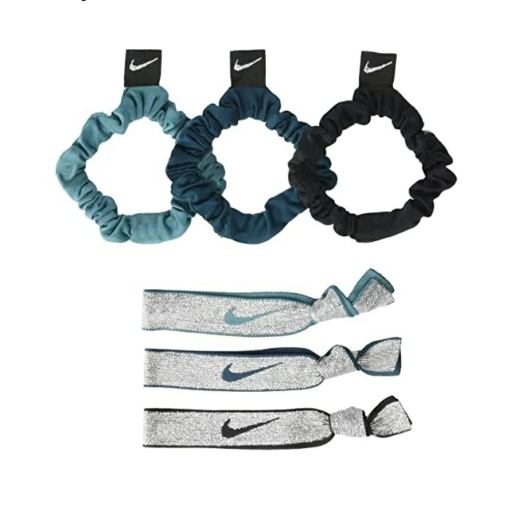 Nike Swoosh Silver Black Teal Tourquise Hair Ties Ponytail Holders 6 Pack NWT